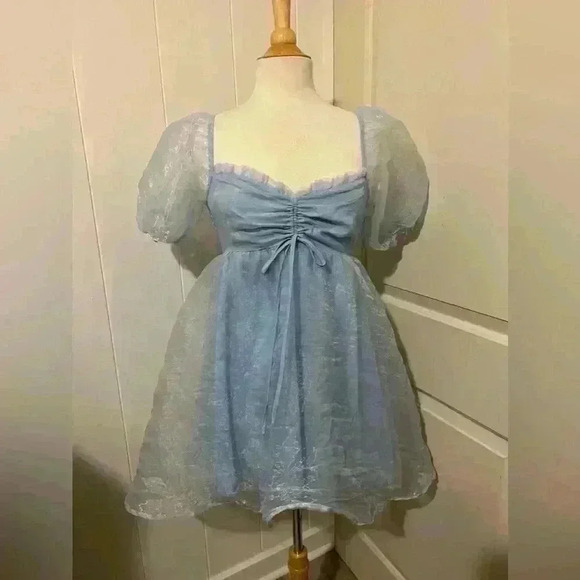 Mable BABYDOLL MINI DRESS Blue Puff Sleeve Cinderella Cosplay Coquette Fairy - Picture 2 of 6